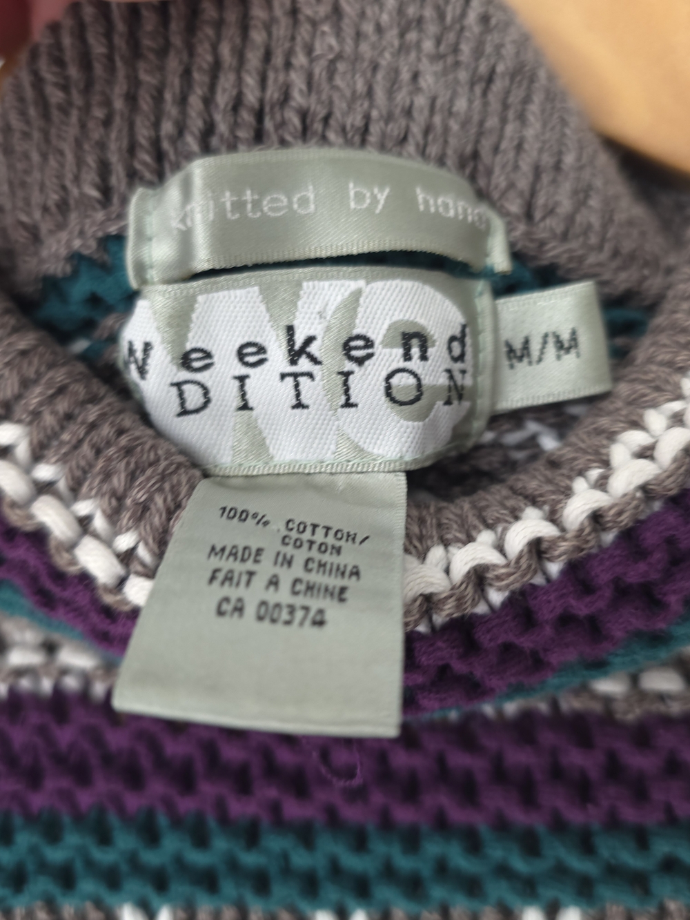 Weekend Edition Hand Knit Cotton Striped Mock Neck Sweater Size M Teal Purple - Picture 7 of 9